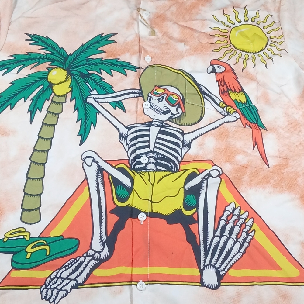 Mens Large Hawaiian Tropical Beach Relaxed Skeleton Parrot  Button Down Shirt